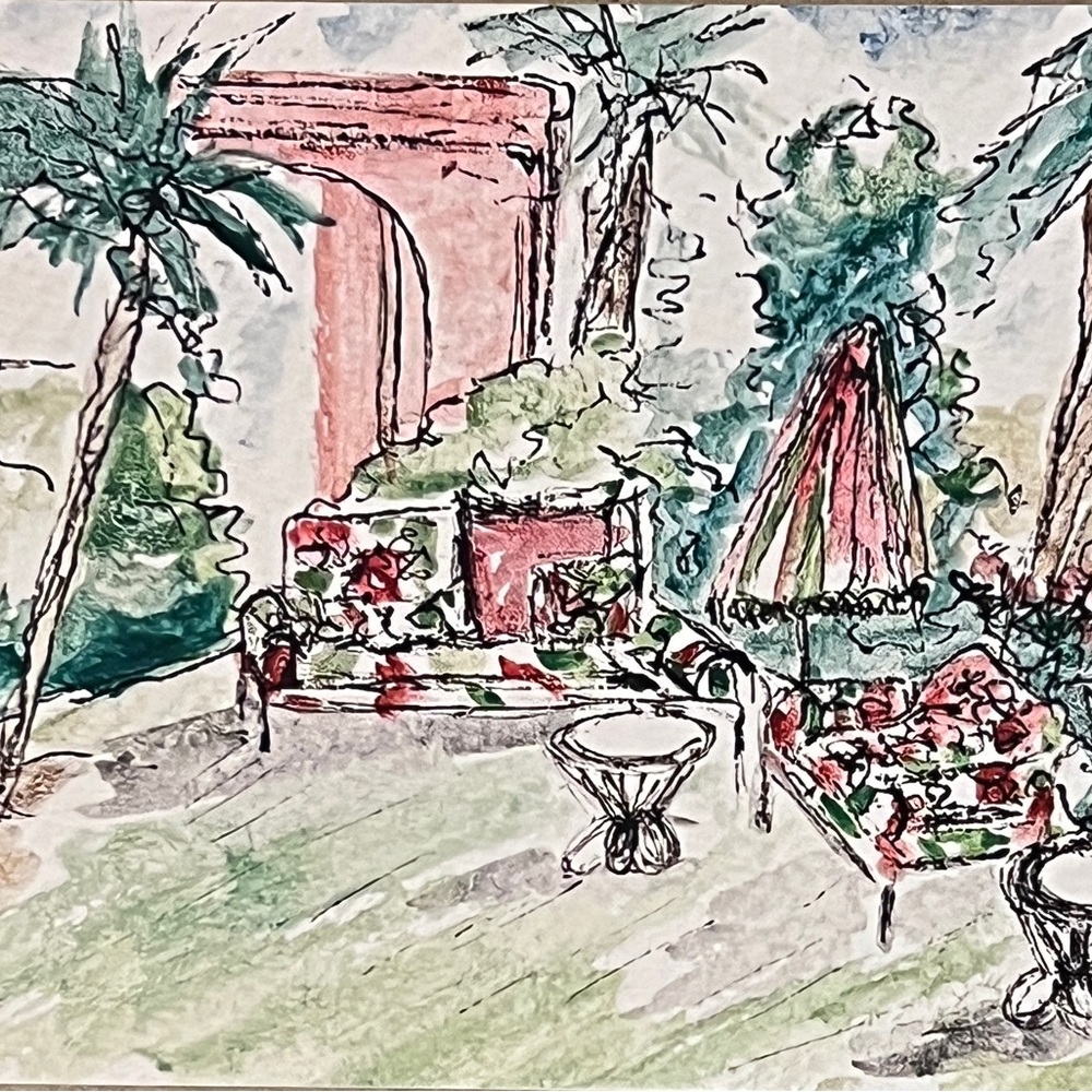 Original print, watercolor colony, Hotel Palm Beach, tropical wall art
